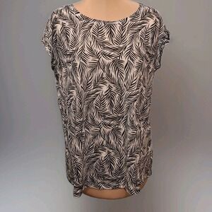 Tahari Womens Top Sz L Black White Palm Print 100% LINEN  Button Back Beach Boho
